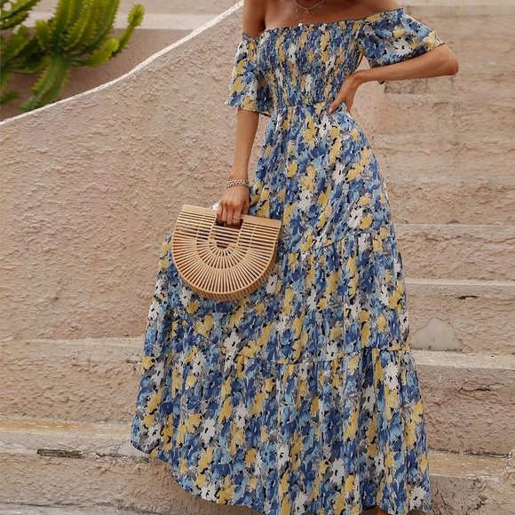 Blue Boho Womens Allover Floral Print Shirred Off Shoulder Ruffle Hem Dress - Picture 3 of 5